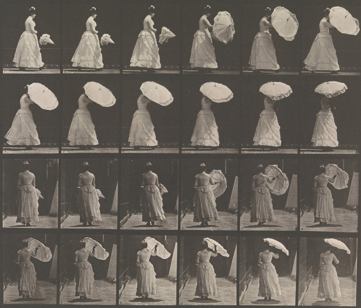 [Woman Opening Parasol], 1883-86, trykt 1887. av Eadweard Muybridge