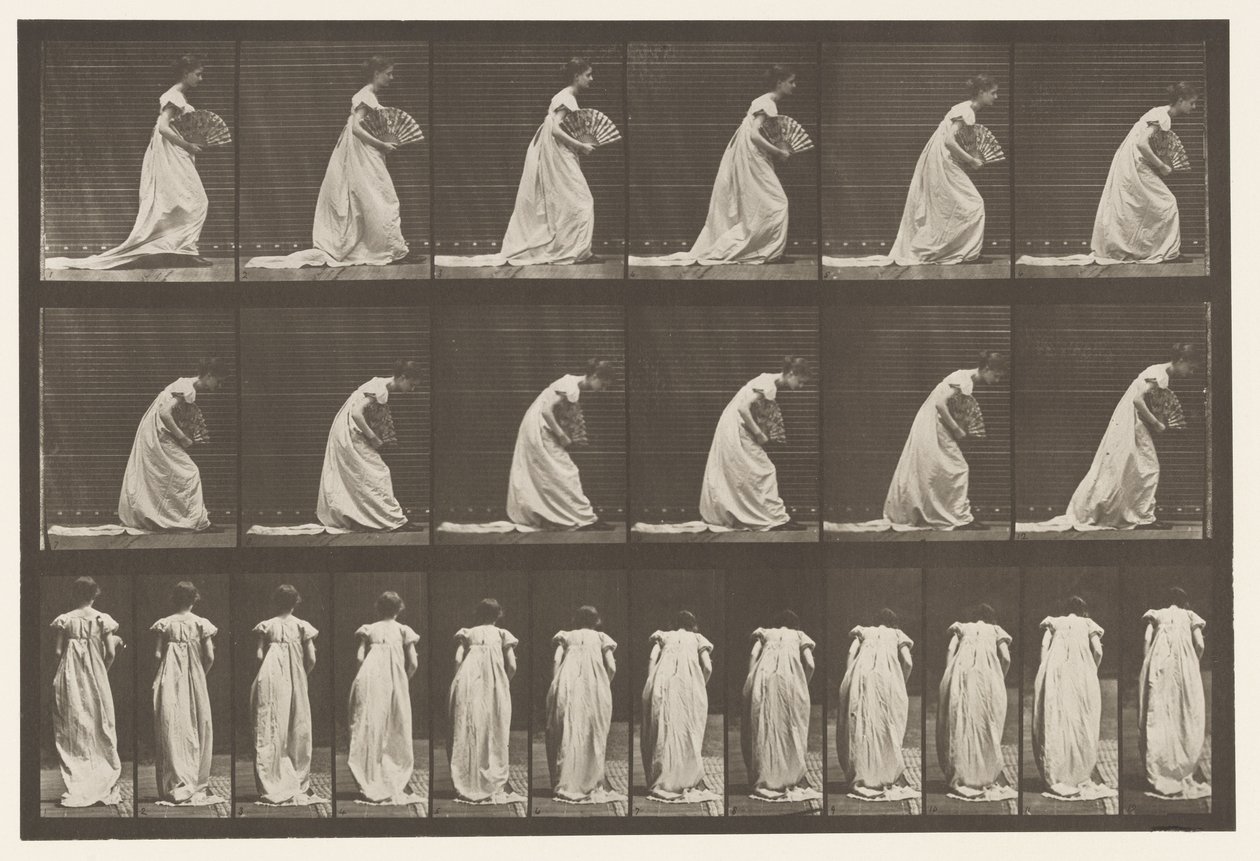 Plate 199. Courtseying, vifte i høyre hånd, 1885 av Eadweard Muybridge