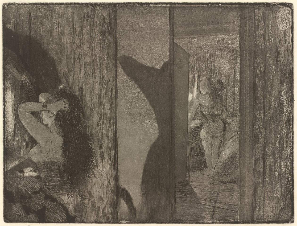 Skuespillerinner i deres omkledningsrom, 1879-1880 (etsing og akvatint på vevd papir) av Edgar Degas
