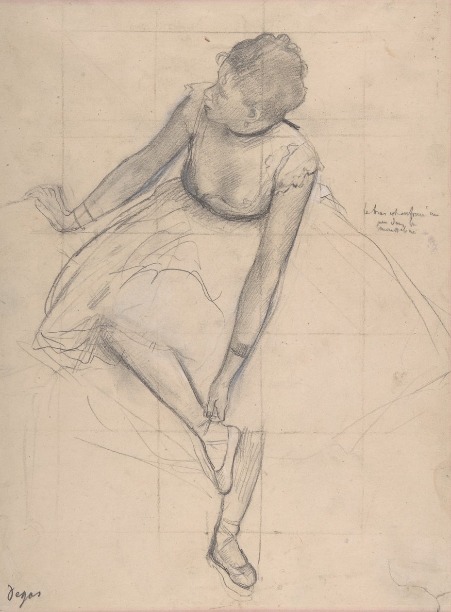 Danser som justerer tøffelen av Edgar Degas