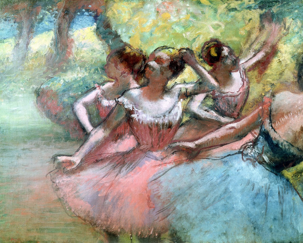 Fire ballerinaer på scenen (pastell) av Edgar Degas