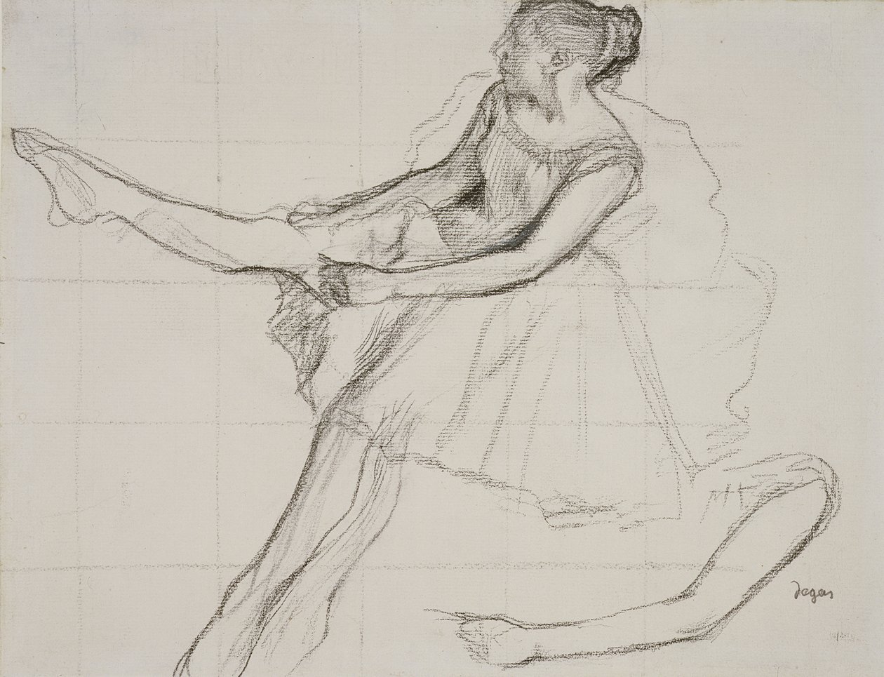 PD.23-1978 Danser justerer tightsene sine, ca. 1880 (blyant og kull på papir) av Edgar Degas