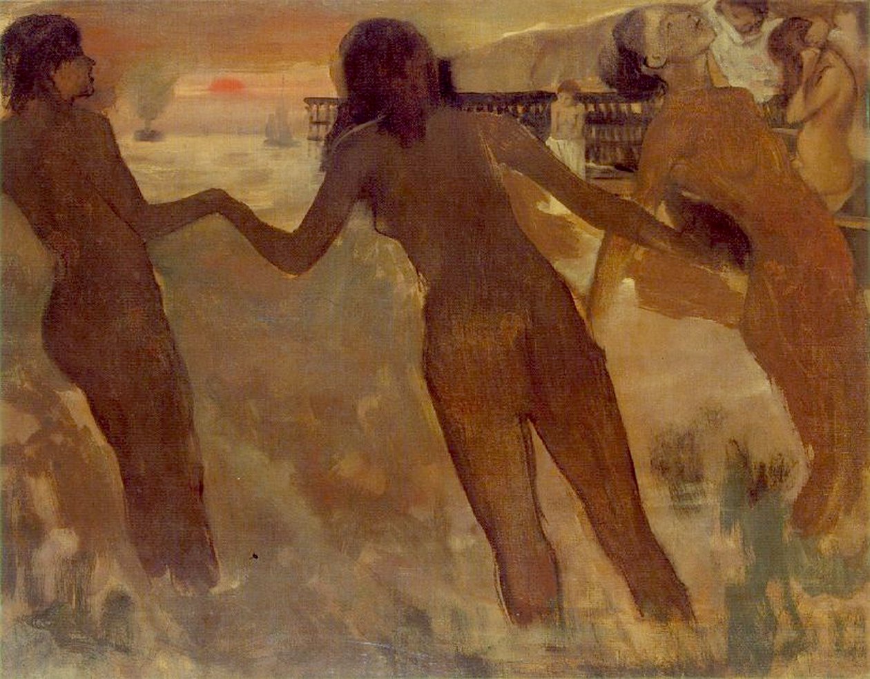 Bondepiker bader i skumringen, 1875-76 av Edgar Degas