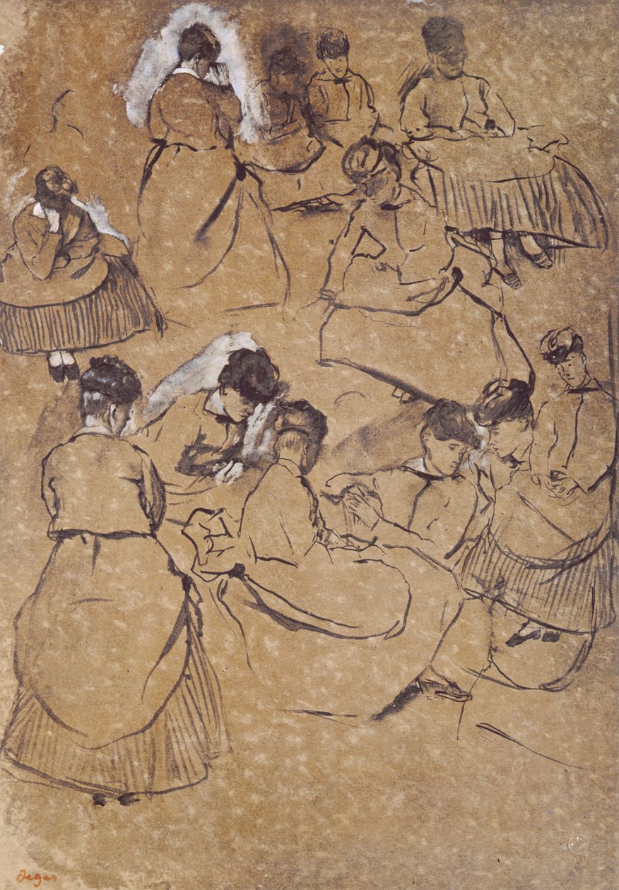 Tolv studier av kvinner i kostyme av det andre imperiet (penn og blekk på buff-papir) av Edgar Degas