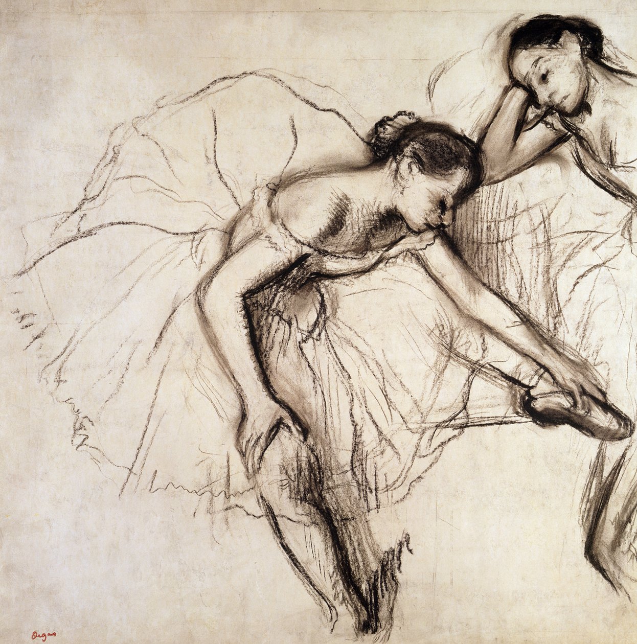 To dansere hviler (kull på papir) av Edgar Degas