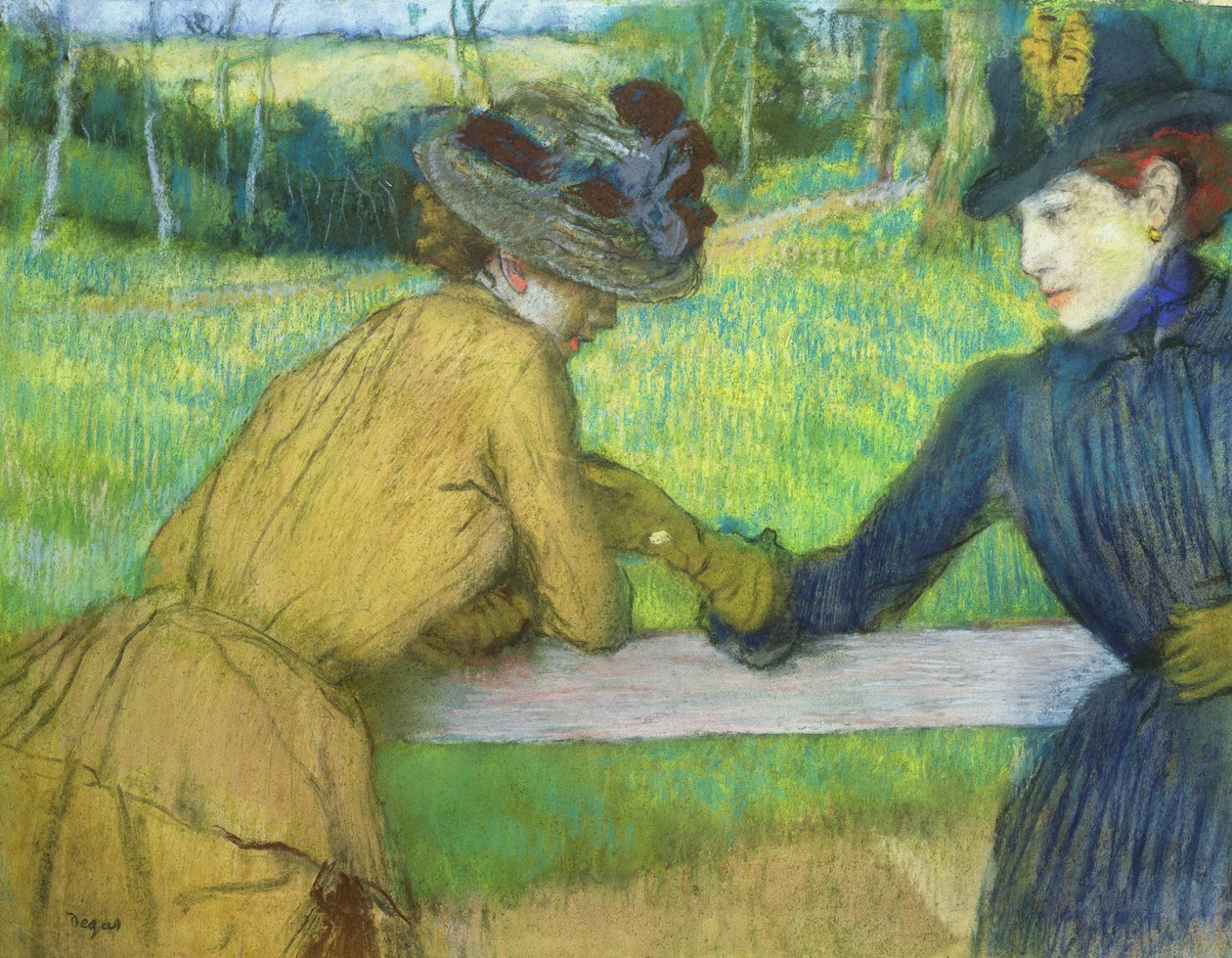 To kvinner lener seg på en port (pastell) av Edgar Degas