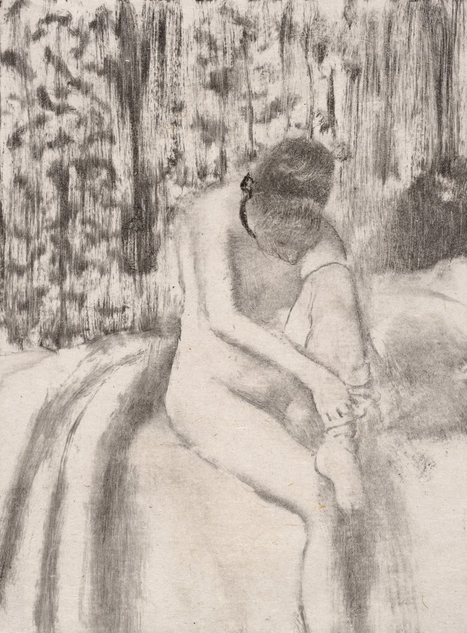 Jente tar på seg strømper, 1876-77. av Edgar Degas
