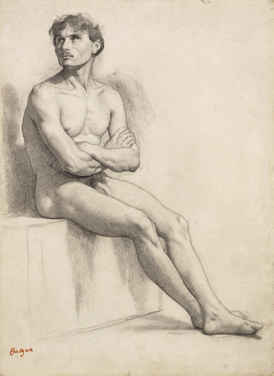 Mann sittende, nakenstudie, 1858 av Edgar Degas