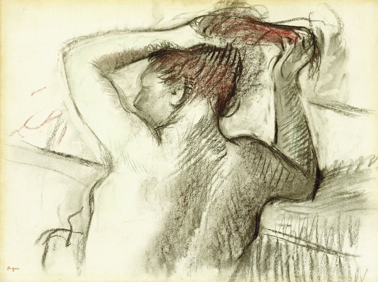 Naken kvinne styler håret av Edgar Degas