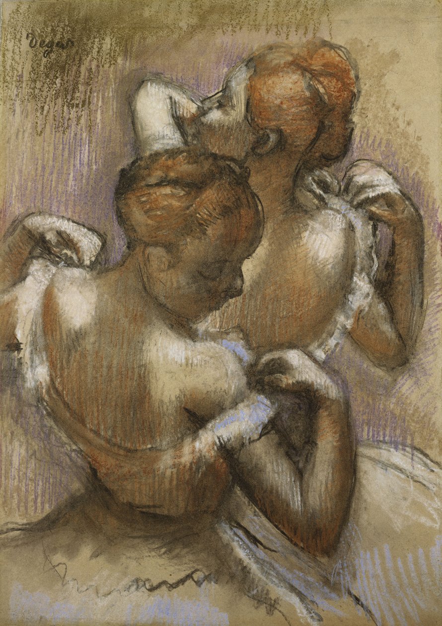 To dansere som justerer skulderstroppene sine, ca. 1897 av Edgar Degas