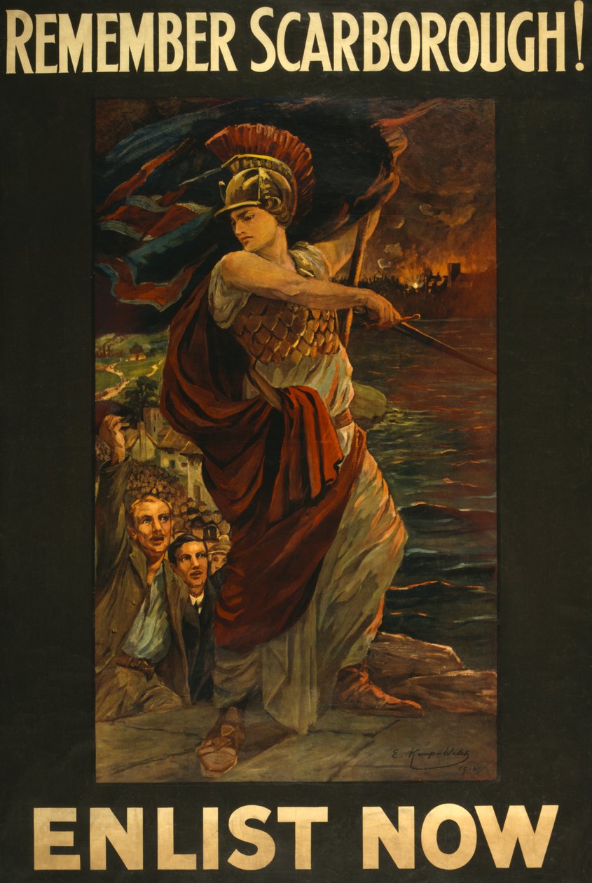 Rekrutteringsplakat Husk Scarborough! Verv nå, pub. 1914 av Edith Kemp Welch