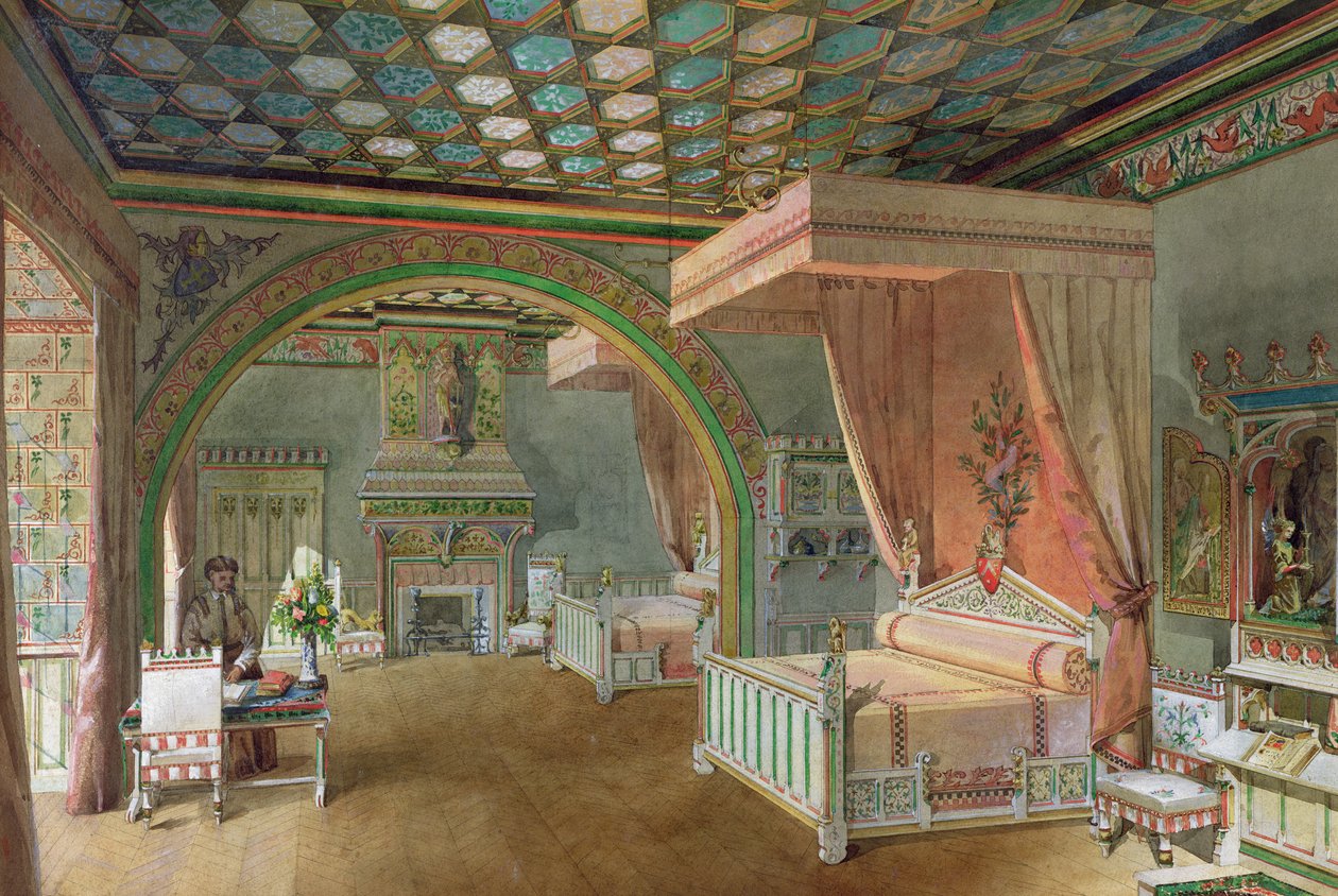 Det rosa rommet i Chateau de Roquetaillade, 1868 (wc på papir) av Edmond Duthoit