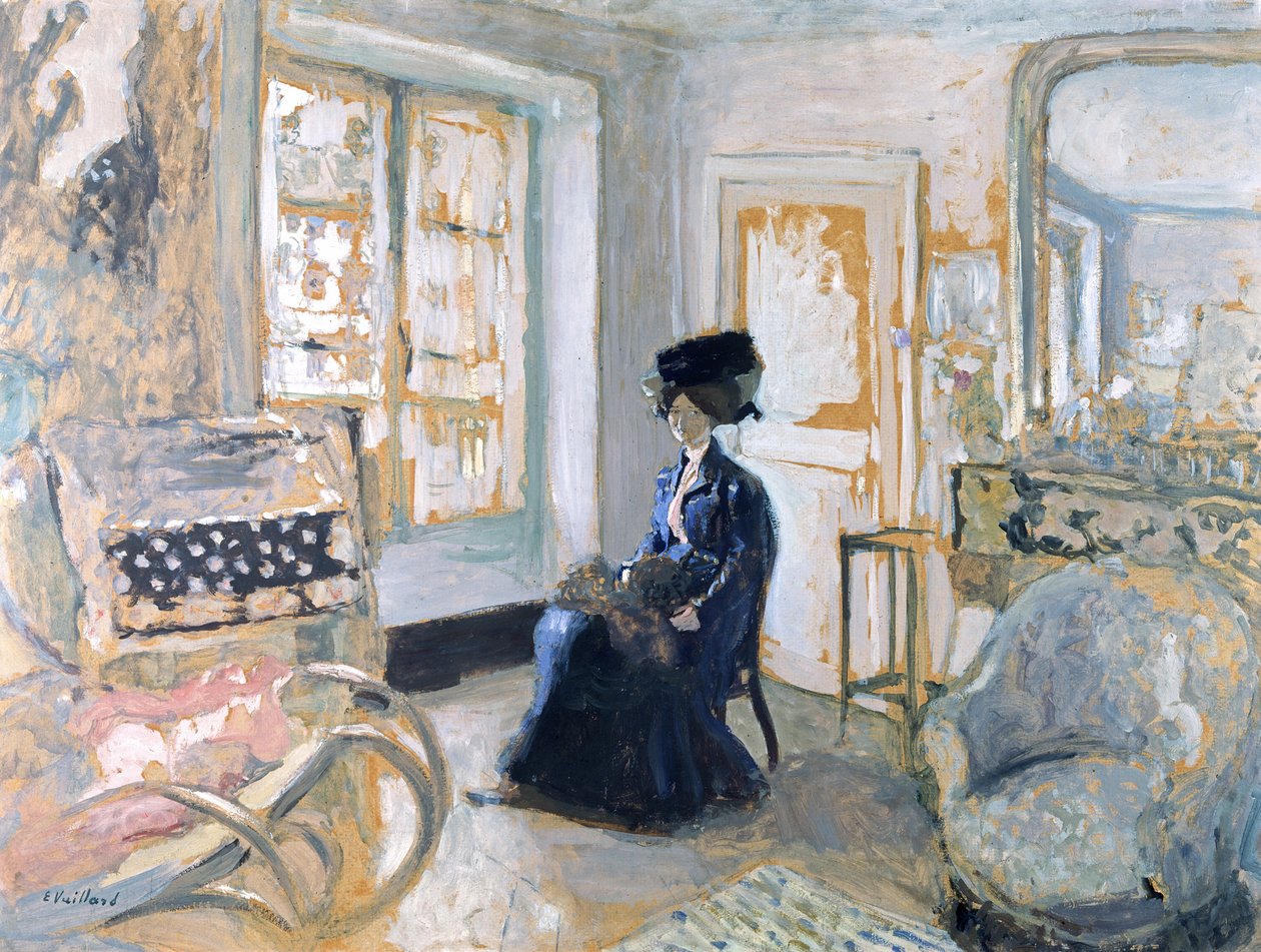 Modell i blå kjole (olje og tempera) av Edouard Vuillard