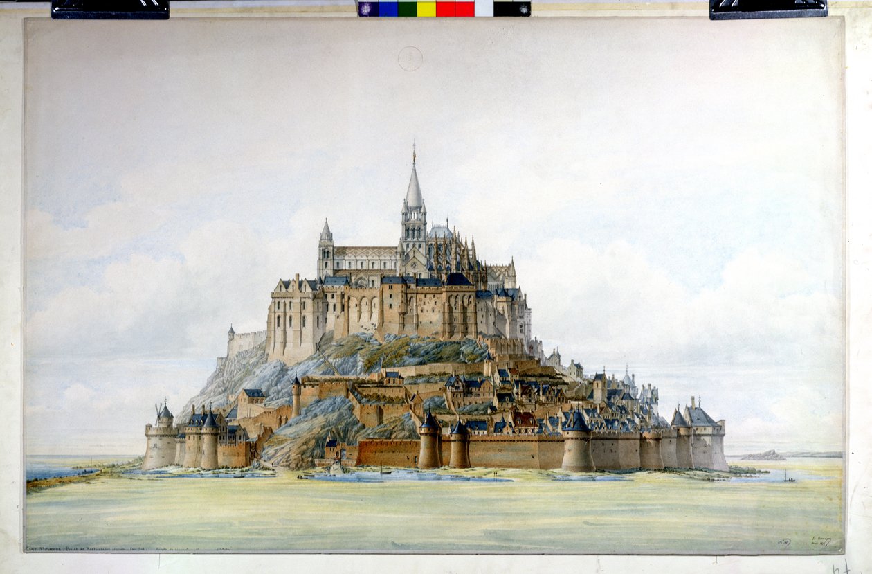 Prosjekt for restaurering av Mont Saint-Michel (sørsiden), mars 1875 (wc på papir) av Edouard Jules Corroyer
