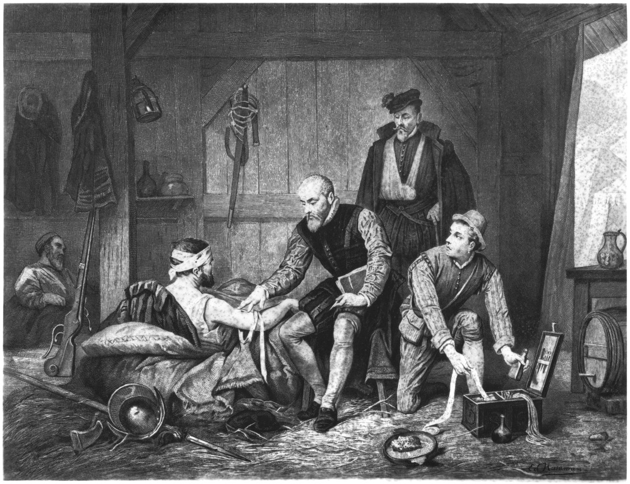Ambroise Pare behandler sårede soldater av Edouard Jean Conrad Hamman