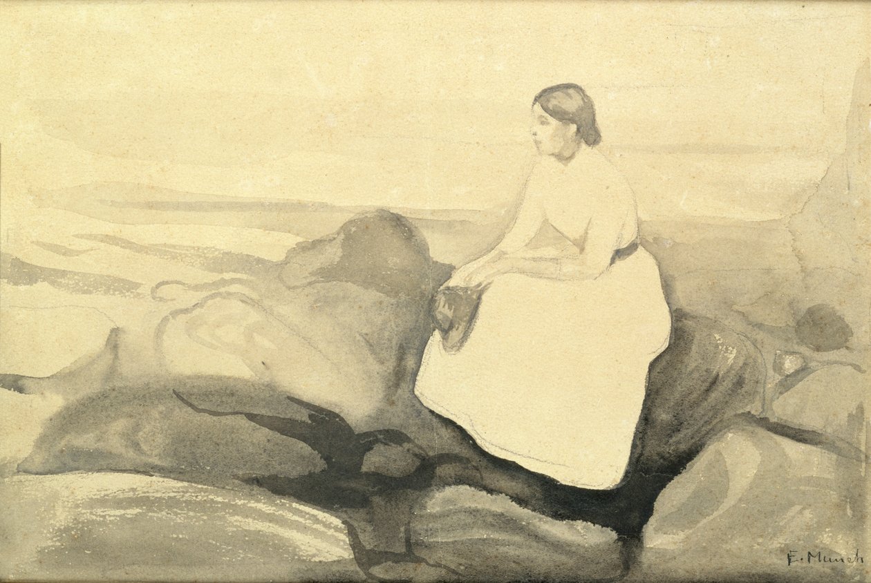 Inger on the Beach, ca. 1889 (wc og blyant på papir lagt ned på kort) (se 24717) av Edvard Munch