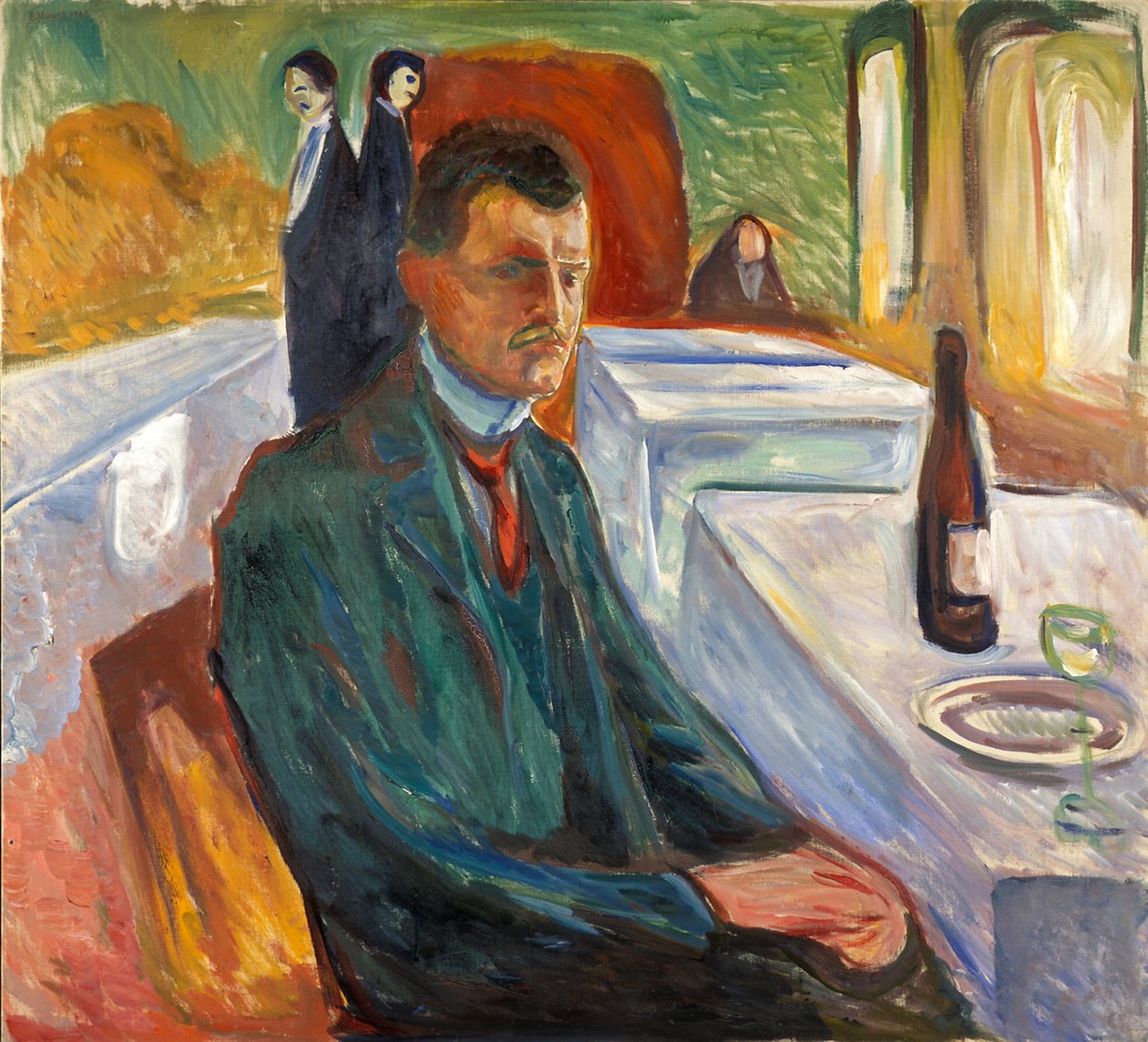 Selvportrett med en flaske vin av Edvard Munch