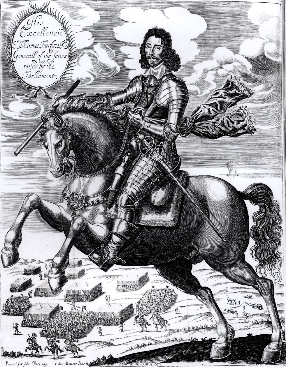 Rytterportrett av hans eksellens Sir Thomas Fairfax (1617-71) tredje baron, gravert av William Marshall (fl.1617-49) av Edward Bower