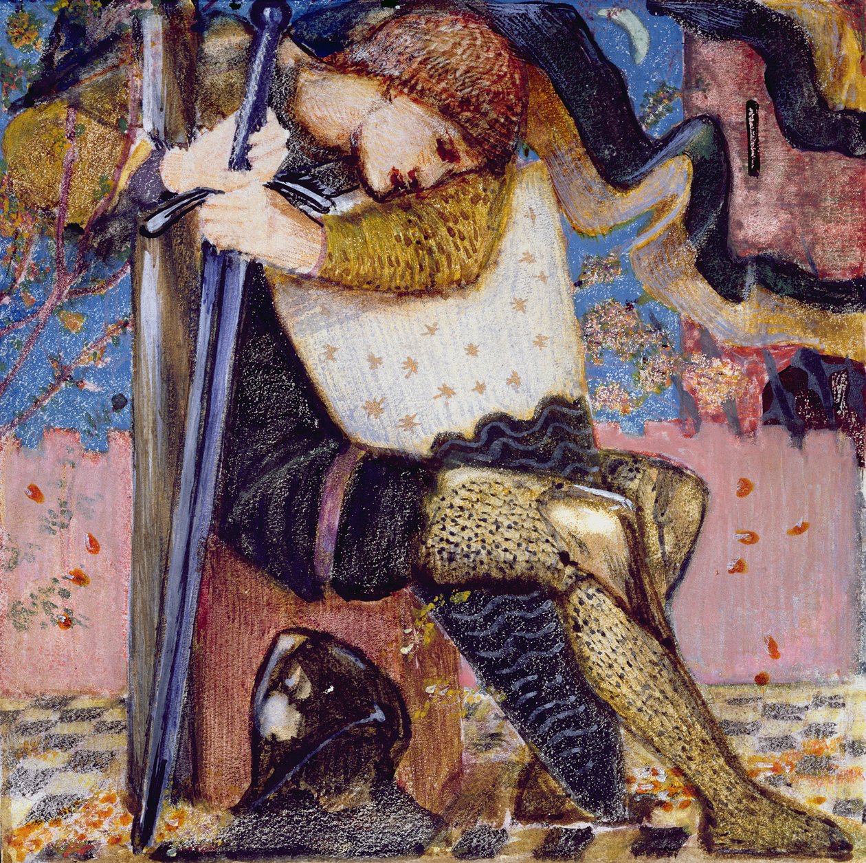 Arthur med Excalibur (gouache og gullmaling på vellum) av Edward Burne Jones