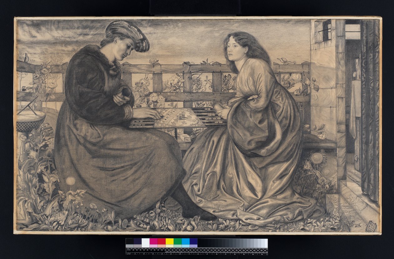 Backgammon-spillerne (svart kritt med litt kroppsfarge på papir) av Edward Burne Jones