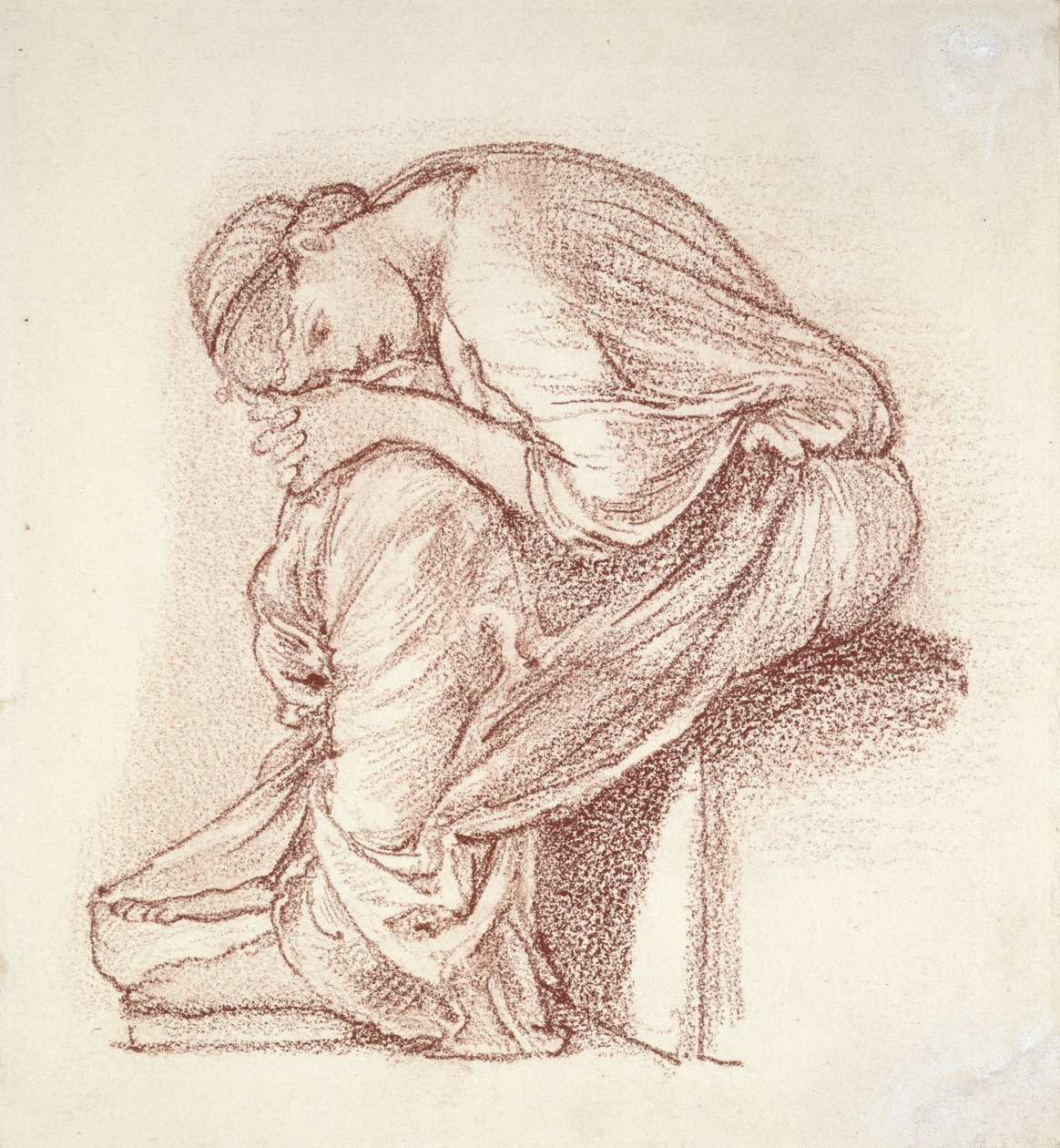 Sittende kvinnefigur (mørkerødt kritt på hvitt papir) av Edward Burne Jones