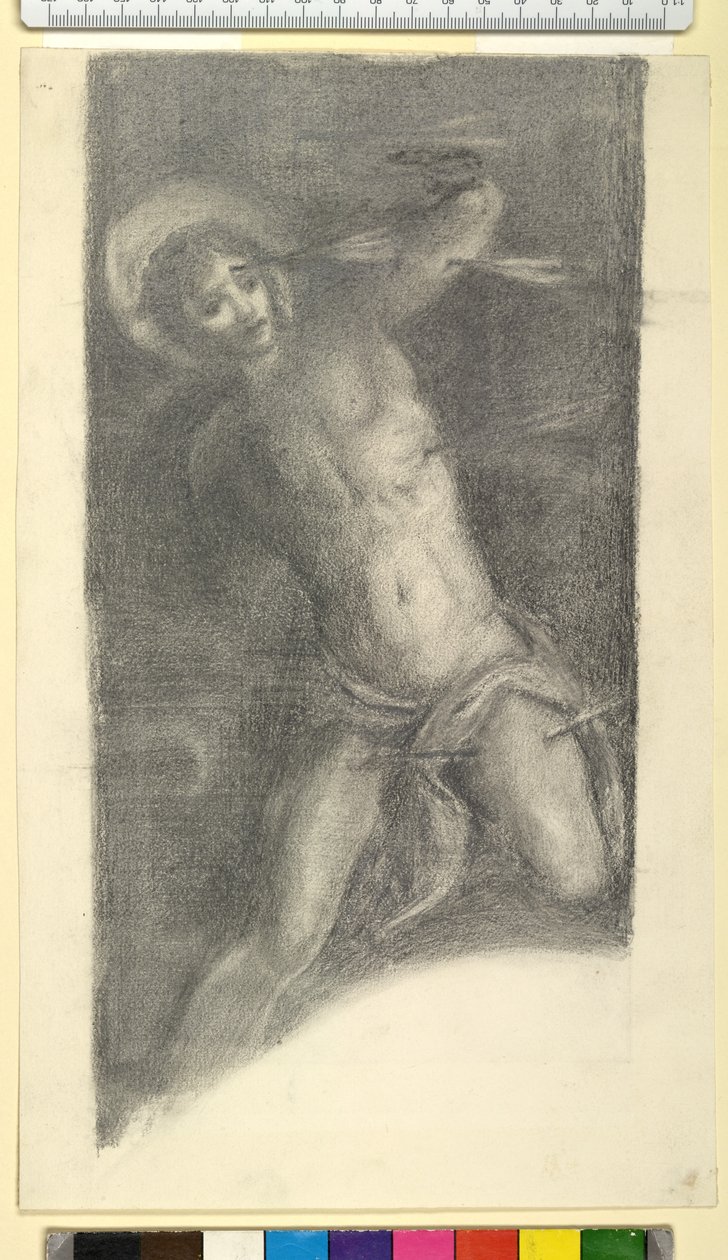 Studie av Tintorettos Saint Sebastian i Scuola Grande di San Rocco, 1859 eller 1862 (svart kritt og grafitt på vevd papir) av Edward Burne Jones