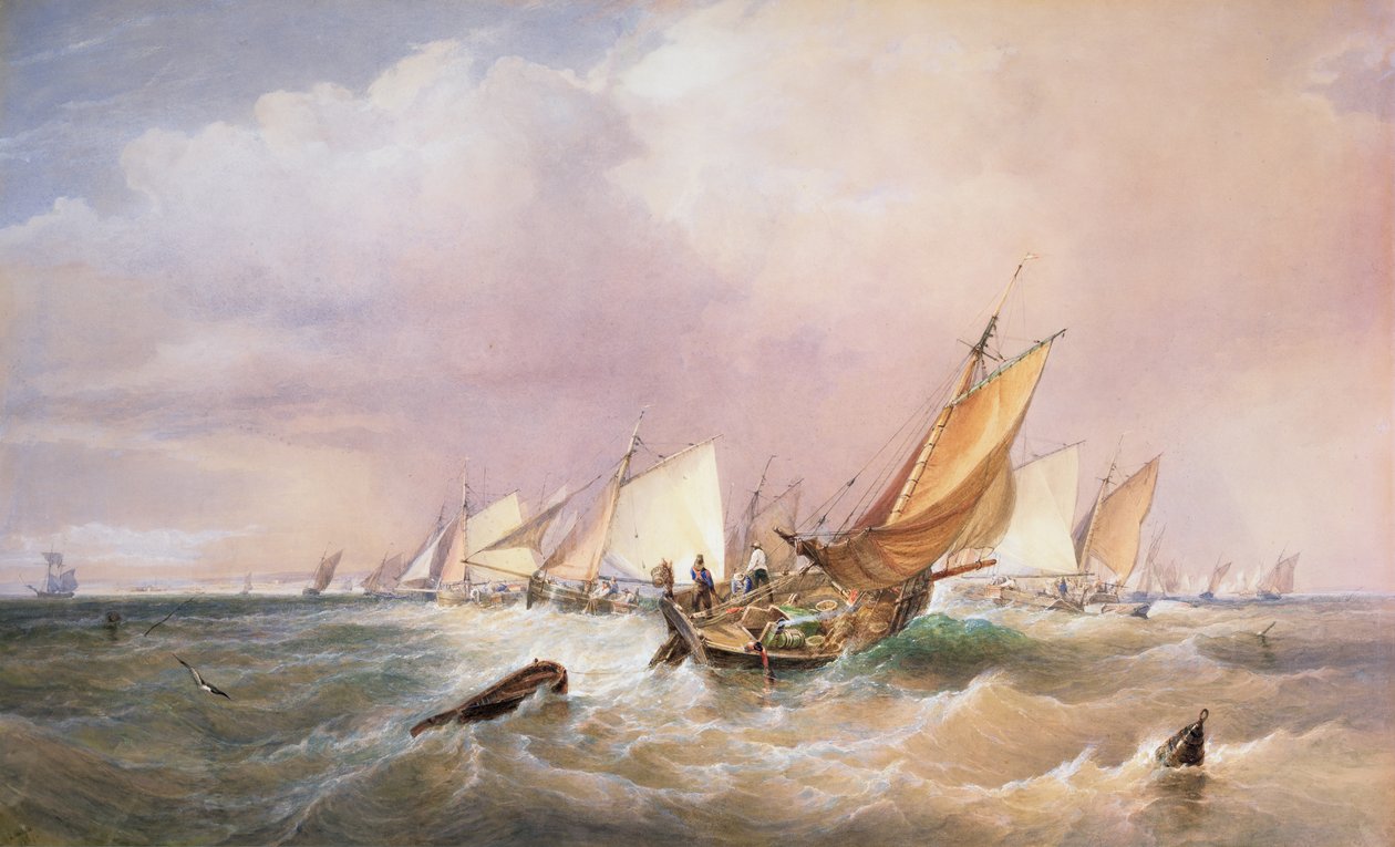 Utenfor den franske kysten, 1837 (blyant, wc og kroppsfarge på papir) av Edward Duncan