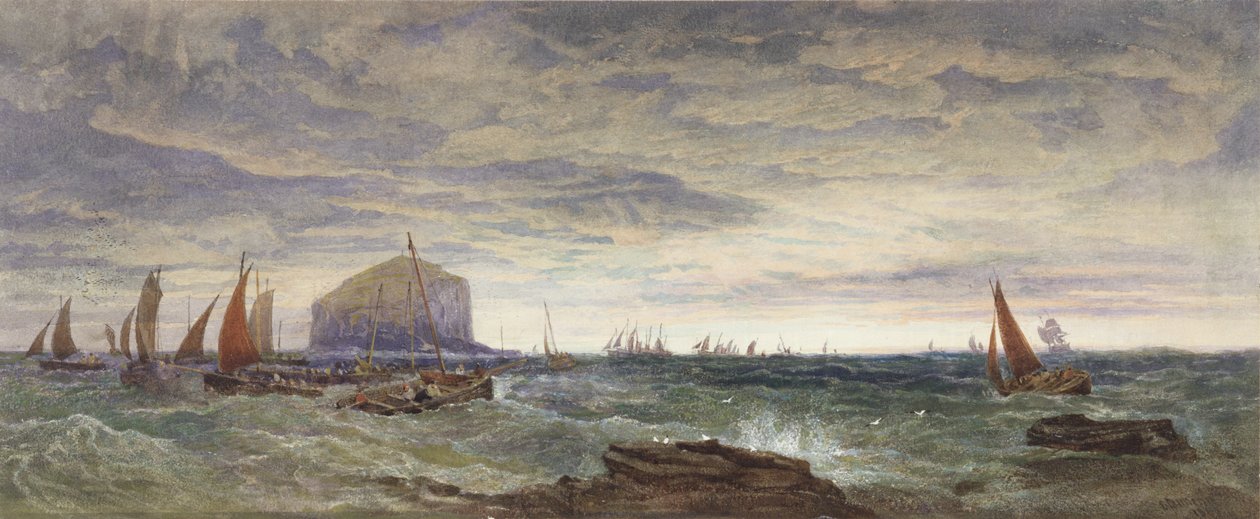 The Bass Rock at Dawn, 1855 (wc og kroppsfarge over grafitt på papir) av Edward Duncan