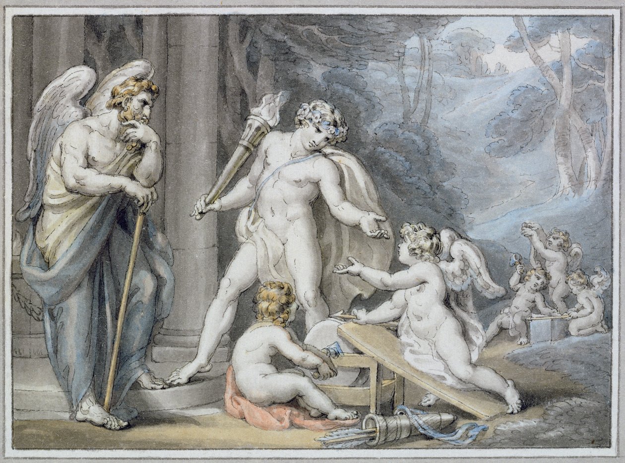 Apollo i Vulcans smie (penn og blekk med vask på papir) av Edward Francis Burney