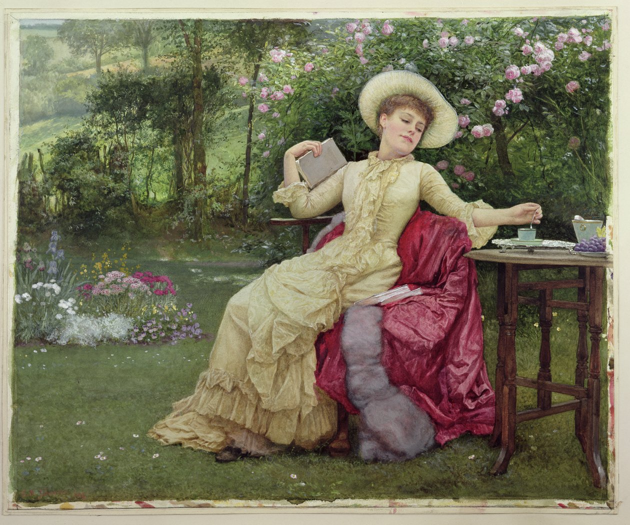 Drikker kaffe og lesing i hagen av Edward Killingworth Johnson
