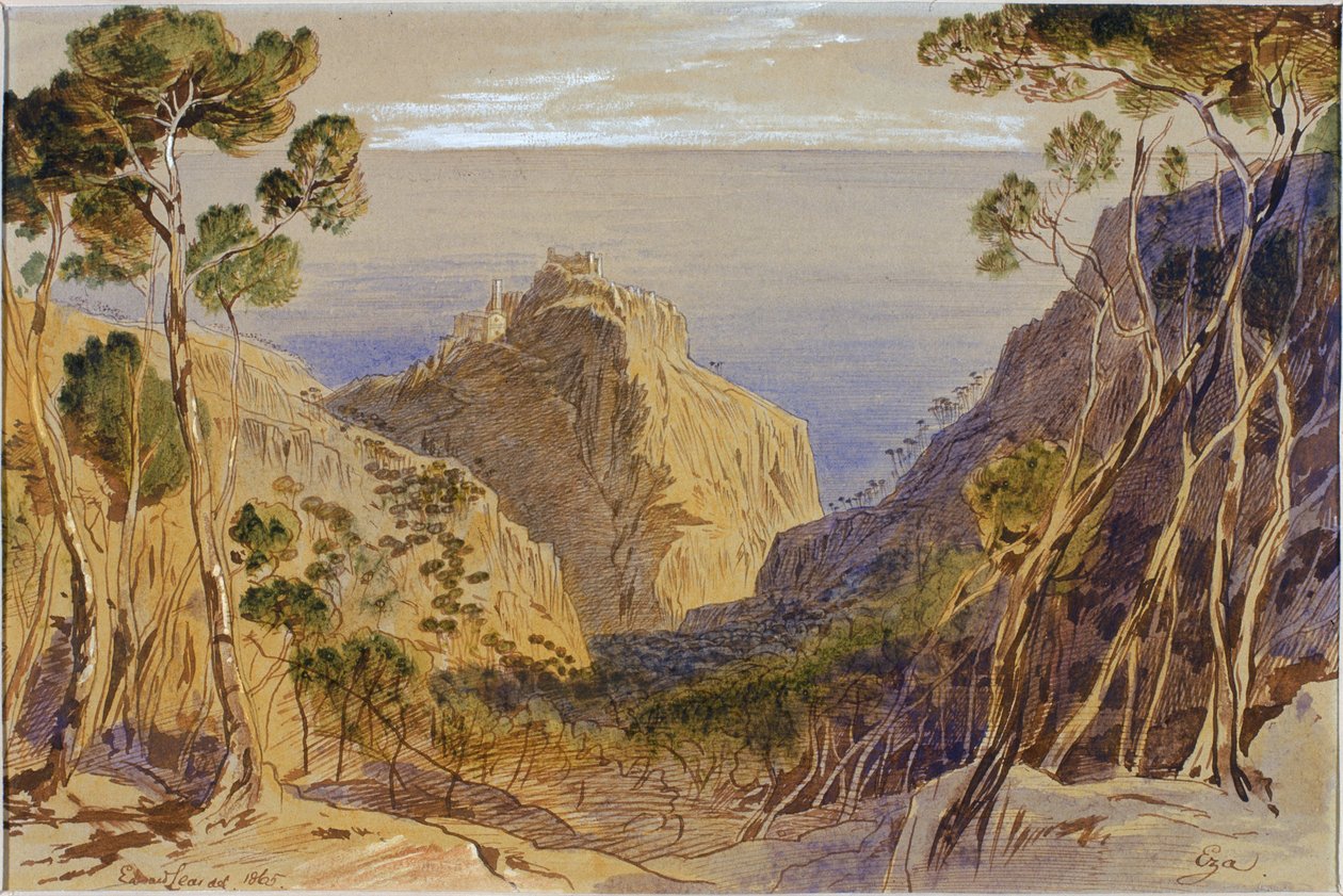 Eza, Frankrike, 1865 (blekk og wc på papir) av Edward Lear