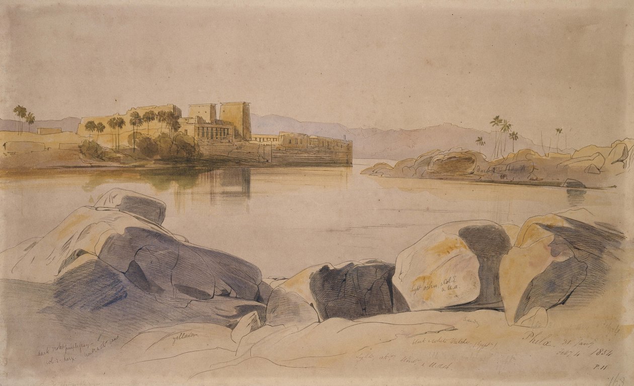Philae, Egypt, 1854 (Penn og svart blekk, grafitt og akvarell på brunt papir) av Edward Lear