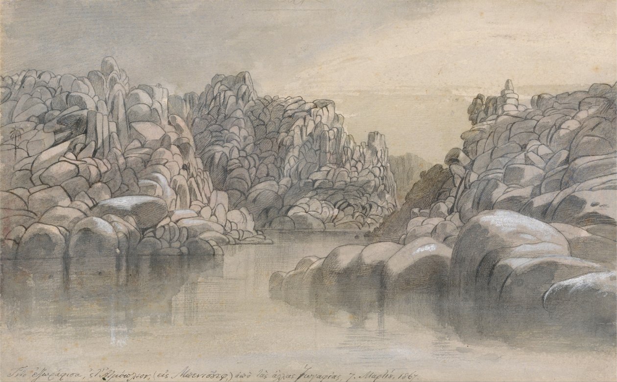Elvepass mellom semi golde fjellklipper av Edward Lear