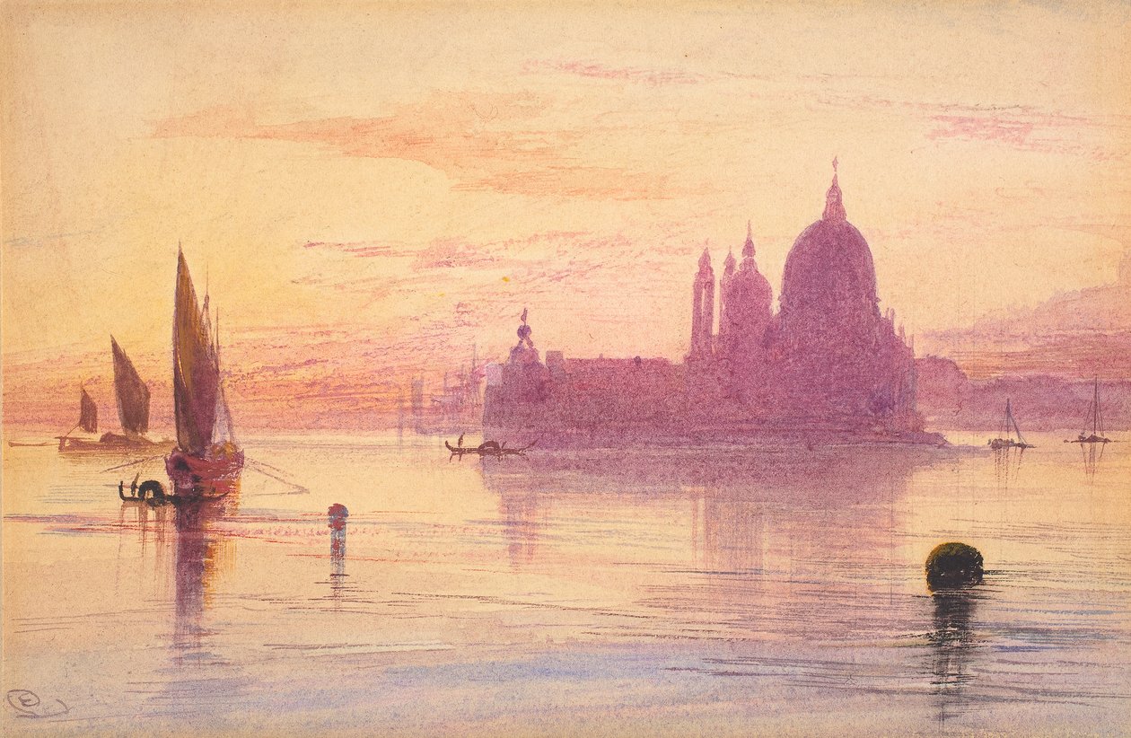 Santa Maria della Salute, Venezia, ved solnedgang, 1865-84 (akvarell og gouache over grafitt på vevd papir) av Edward Lear