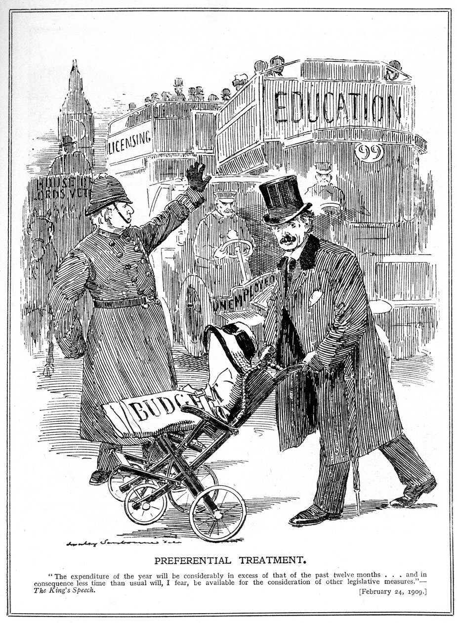 LLoyd George viser fortrinnsbehandling for sin 'baby', budsjettet, 1909 av Edward Linley Sambourne