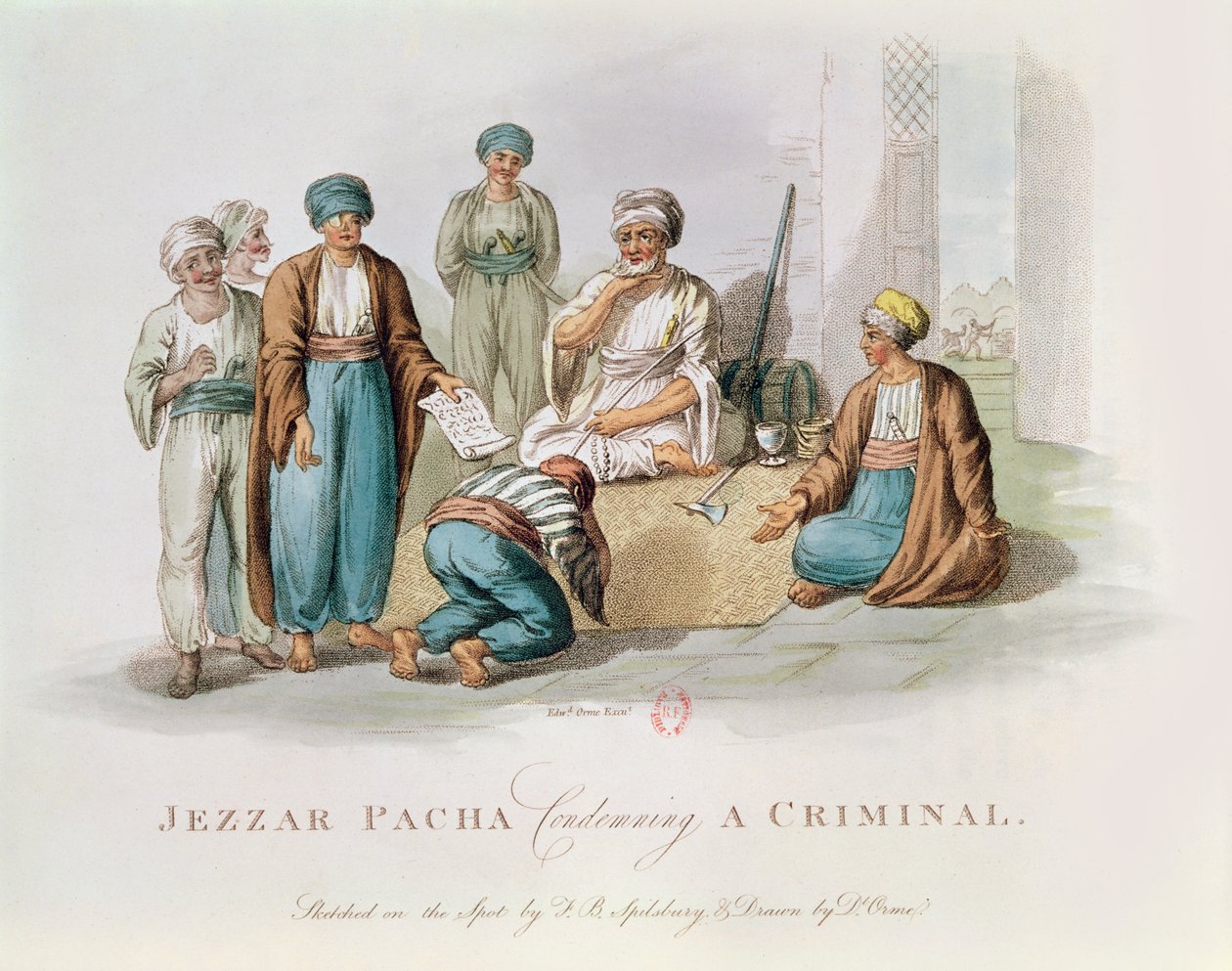 Jezzar Pacha ca. 1720-1804 fordømmer en kriminell fargegravering av Edward Orme