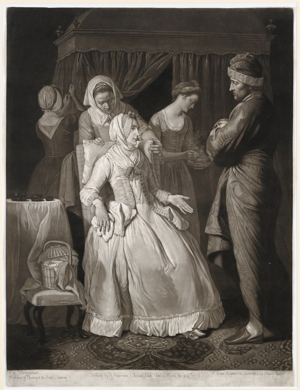 The Virtuous Comforted by Sympathy and Attention, trykk laget av Valentine Green, 1775 (mezzotint) av Edward Penny