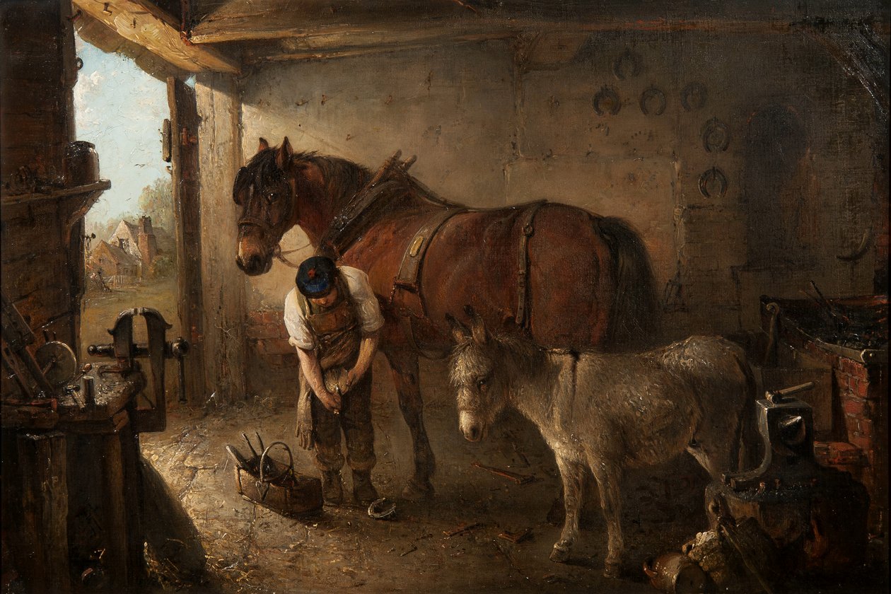 En hovslager som sko en ploghest, med et esel, i et smieinteriør. av Edward Robert Smythe