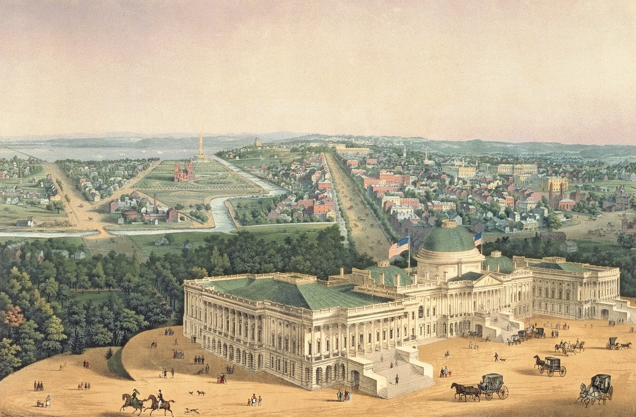 Utsikt over Washington, pub. av E. Sachse und Co., 1852 (farge litho) av Edward Sachse