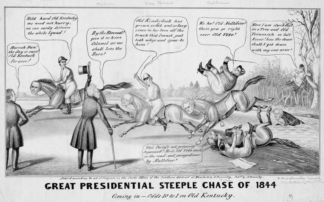 Stor jakt etter presidenttårnet i 1844: kommer inn - odds 10-1 på Old Kentucky, utgitt av A Donnelly, New York, 1844 av Edward Williams Clay