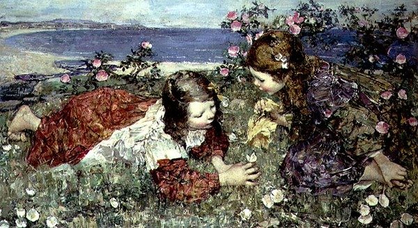 Sommerfugler (olje på panel) av Edward Atkinson Hornel