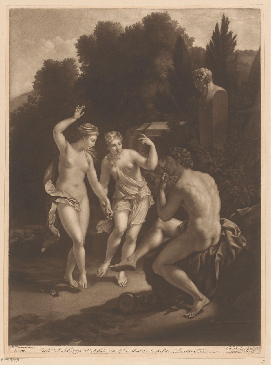 Mann som spiller fløyte foran to dansende nymfer av Edward Fisher