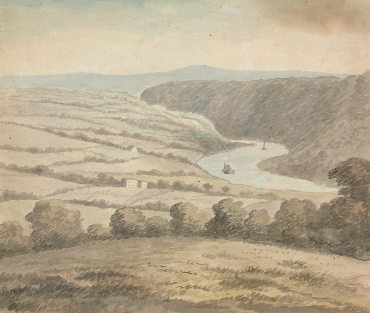 Elvelandskap med båter av Edward Francis Burney