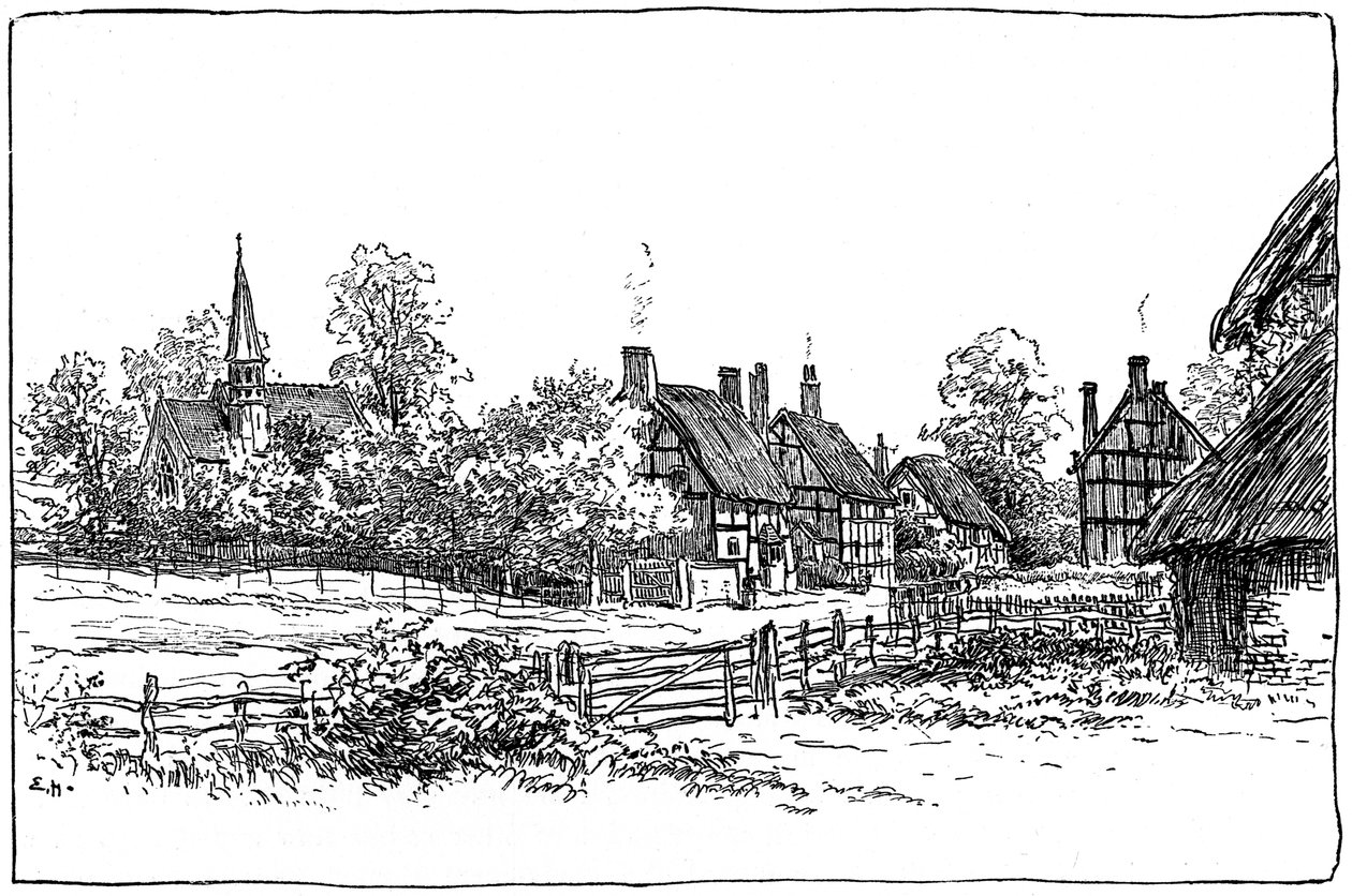 Luddington landsby og nye kirke, Warwickshire, 1885. av Edward Hull