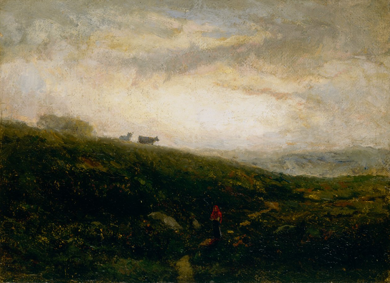 Unavngitte kyr som går ned i åssiden, 1881. av Edward Mitchell Bannister