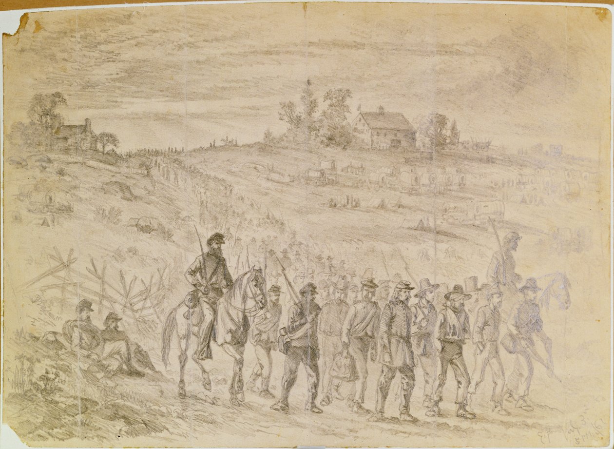 Slaget ved Gettysburg: Fanger som tilhører general Longstreets korps tatt til fange av unionstropper som marsjerer bakover under bevoktning av Edwin Austin Forbes
