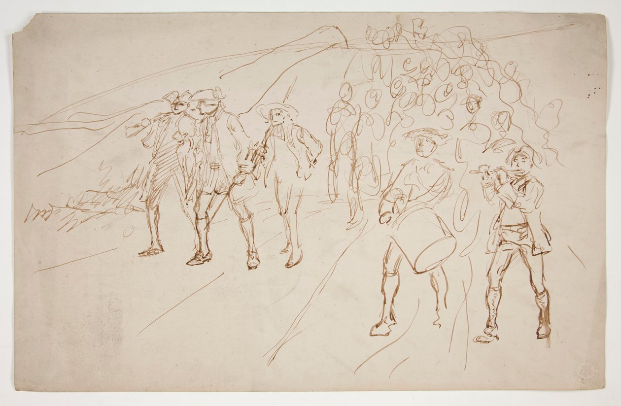 Skisse av tropper fra revolusjonskrigen, marsjerte av Edwin Austin Abbey