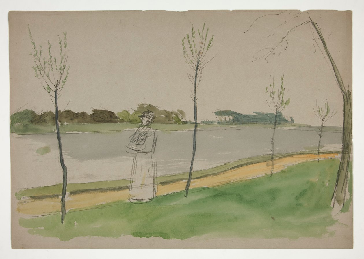 Kvinne som rusler langs en elvebredd av Edwin Austin Abbey