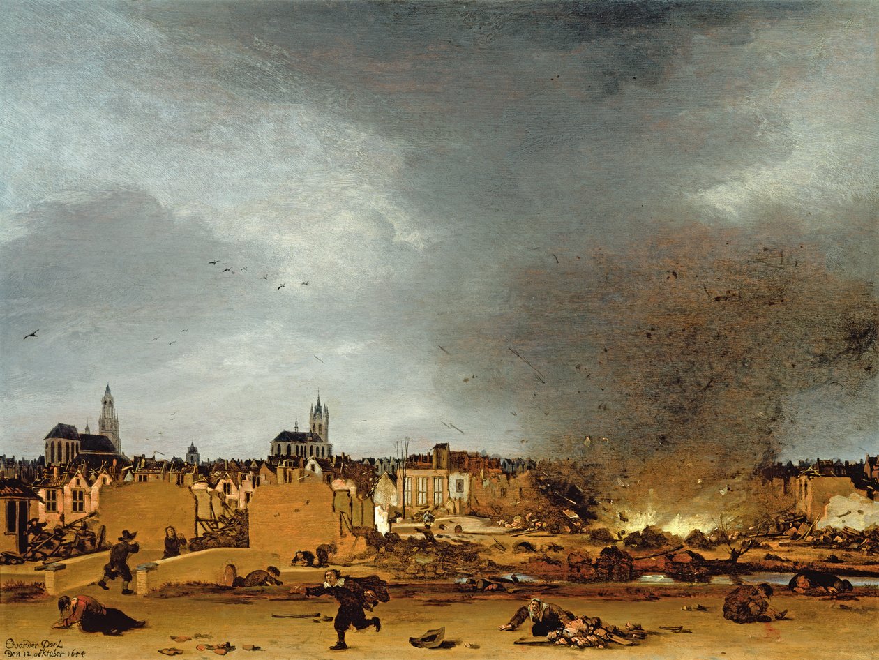 En utsikt over Delft med eksplosjonen i 1654, 1654 av Egbert van der Poel
