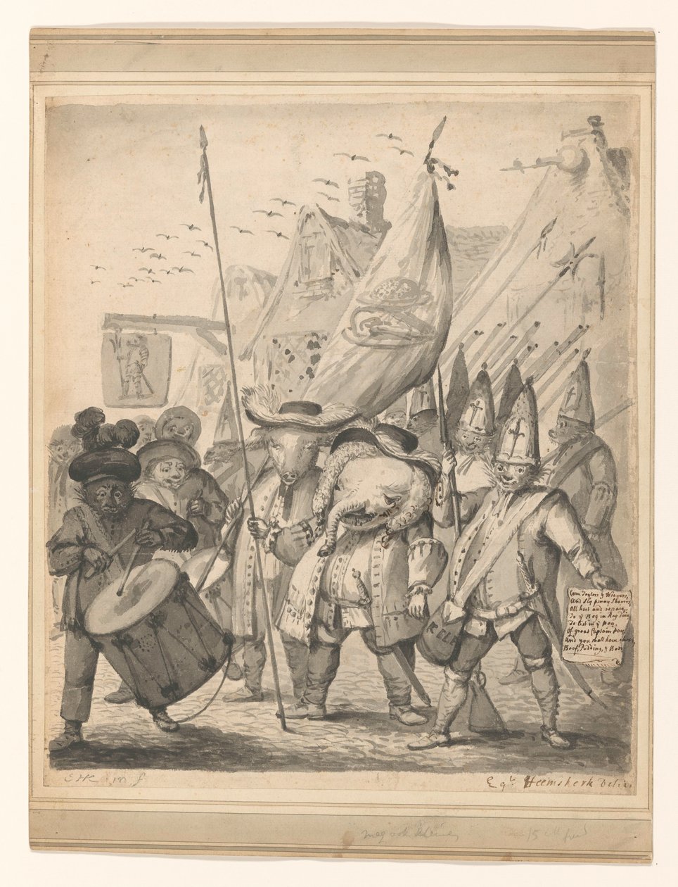 Dieren satire av Egbert van Heemskerck (II) (signed by artist)